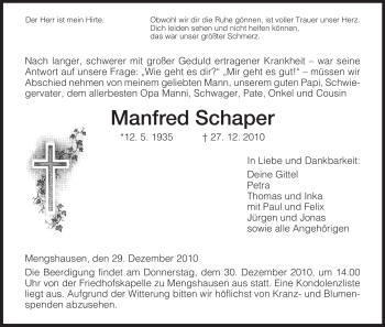 Traueranzeige von Manfred Schaper von HERSFELDER ZEITUNG