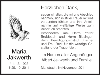 Traueranzeige von Maria Jakwerth von HERSFELDER ZEITUNG