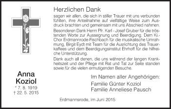 Traueranzeige von Anna Koziol von Hersfeld