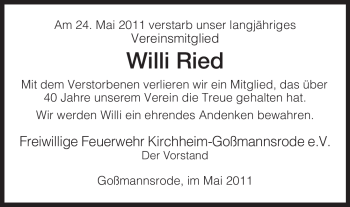 Traueranzeige von Willi Ried von HERSFELDER ZEITUNG