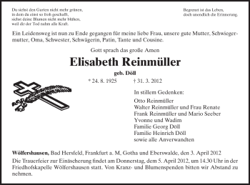 Traueranzeige von Elisabeth Reinmüller von HERSFELDER ZEITUNG