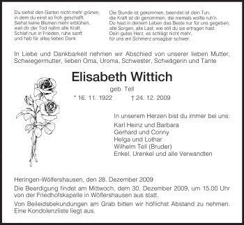 Traueranzeige von Elisabeth Wittich von HERSFELDER ZEITUNG