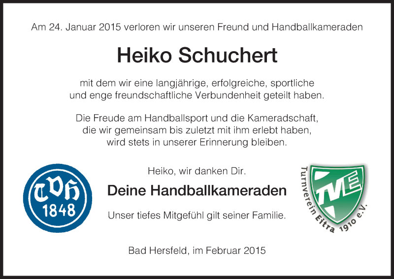  Traueranzeige für Heiko Schuchert vom 03.02.2015 aus Hersfeld