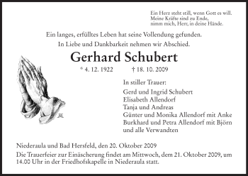 Traueranzeige von Gerhard Schubert von HERSFELDER ZEITUNG