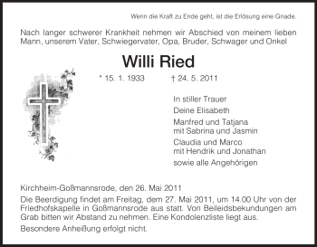 Traueranzeige von Willi Ried von HERSFELDER ZEITUNG