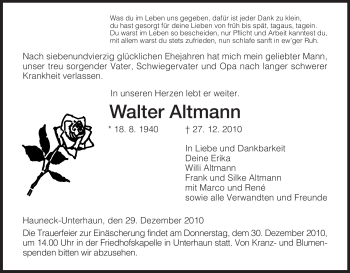 Traueranzeige von Walter Altmann von HERSFELDER ZEITUNG