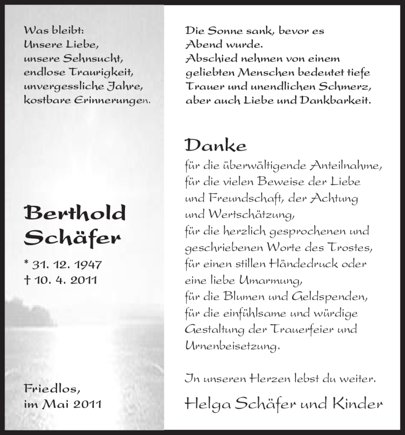  Traueranzeige für Berthold Schäfer vom 07.05.2011 aus HERSFELDER ZEITUNG