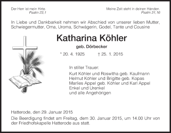 Traueranzeige von Katharina Köhler von Hersfeld