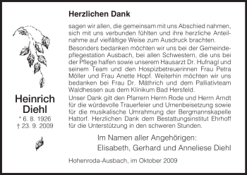 Traueranzeige von Heinrich Diehl von HERSFELDER ZEITUNG