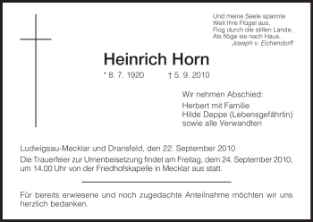 Traueranzeige von Heinrich Horn von HERSFELDER ZEITUNG