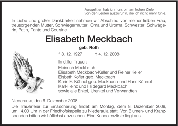Traueranzeige von Elisabeth Meckbach von HERSFELDER ZEITUNG