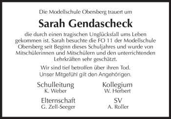 Traueranzeige von Sarah Gendascheck von HERSFELDER ZEITUNG