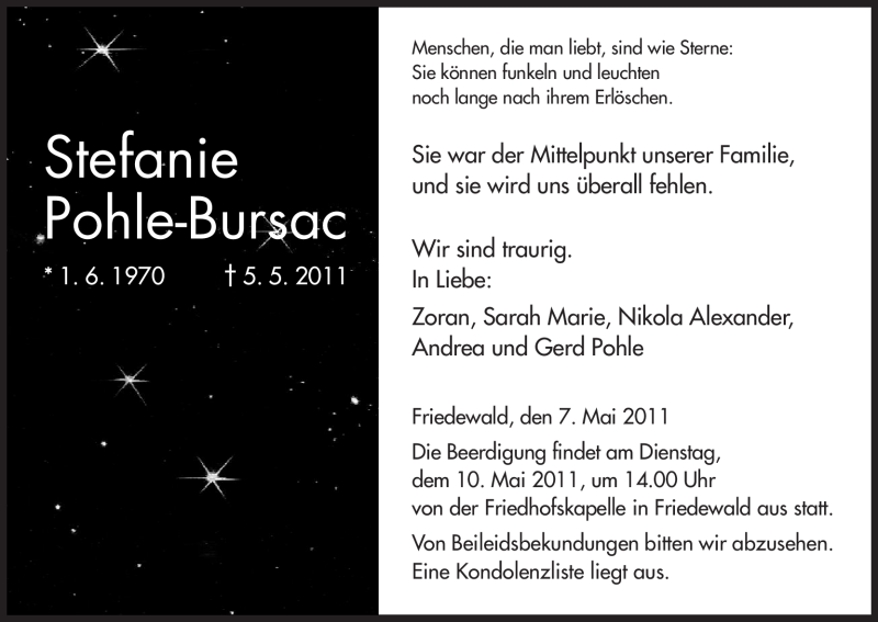  Traueranzeige für Stefanie Pohle-Bursac vom 07.05.2011 aus HERSFELDER ZEITUNG