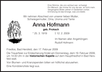 Traueranzeige von Anna Hofmann von HERSFELDER ZEITUNG