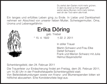 Traueranzeige von Erika Döring von HERSFELDER ZEITUNG