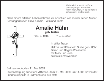 Traueranzeige von Amalie Hühn von HERSFELDER ZEITUNG