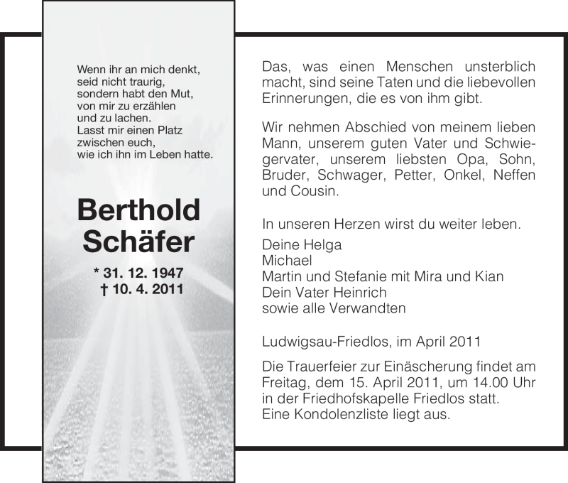  Traueranzeige für Berthold Schäfer vom 13.04.2011 aus HERSFELDER ZEITUNG