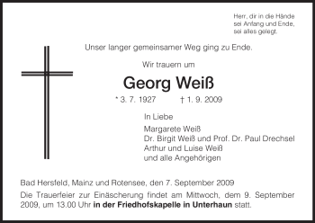 Traueranzeige von Georg Weiß von HERSFELDER ZEITUNG