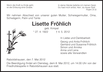 Traueranzeige von Lisette Fröhlich von HERSFELDER ZEITUNG