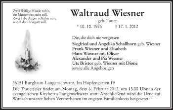 Traueranzeige von Waltraud Wiesner von HERSFELDER ZEITUNG