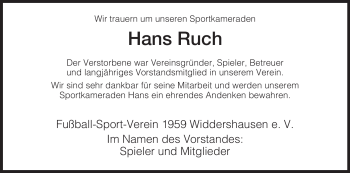 Traueranzeige von Hans Ruch von HERSFELDER ZEITUNG