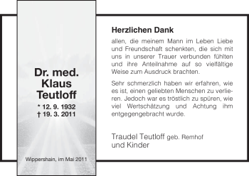 Traueranzeige von Klaus Teutloff von HERSFELDER ZEITUNG