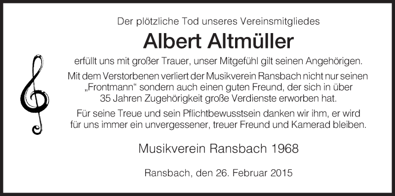  Traueranzeige für Albert Altmüller vom 27.02.2015 aus Hersfeld