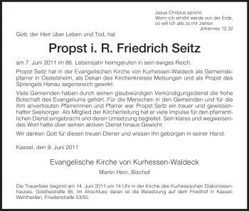 Traueranzeige von Friedrich Seitz von HERSFELDER ZEITUNG