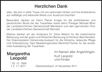 Traueranzeige von Margaretha Leopold von HERSFELDER ZEITUNG