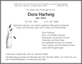 Traueranzeige von Dora Hartwig von HERSFELDER ZEITUNG