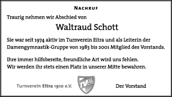 Traueranzeige von Waltraud Schott von HERSFELDER ZEITUNG