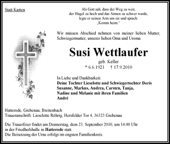 Traueranzeige von Susi Wettlaufer von HERSFELDER ZEITUNG