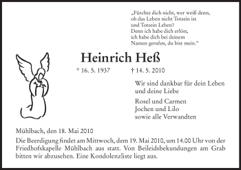 Traueranzeige von Heinrich Heß von HERSFELDER ZEITUNG