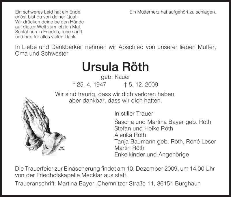  Traueranzeige für Ursula Röth vom 08.12.2009 aus HERSFELDER ZEITUNG