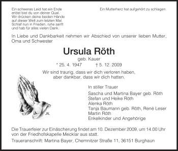 Traueranzeige von Ursula Röth von HERSFELDER ZEITUNG