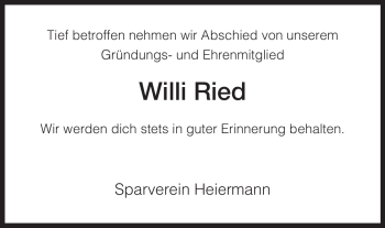 Traueranzeige von Willi Ried von HERSFELDER ZEITUNG