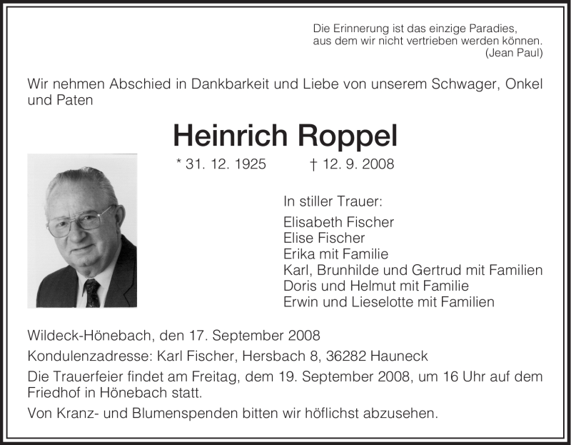  Traueranzeige für Heinrich Roppel vom 17.09.2008 aus HERSFELDER ZEITUNG