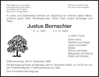 Traueranzeige von Justus Bornschier von HERSFELDER ZEITUNG