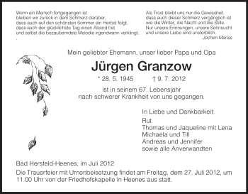 Traueranzeige von Jürgen Granzow von HERSFELDER ZEITUNG