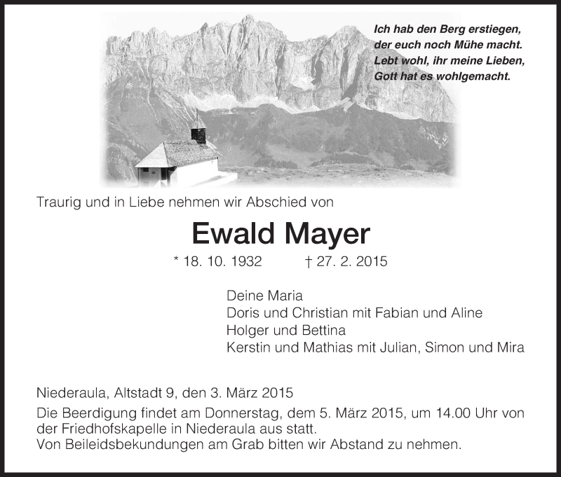  Traueranzeige für Ewald Mayer vom 03.03.2015 aus Hersfeld