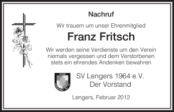 Traueranzeige von Franz Fritsch von HERSFELDER ZEITUNG