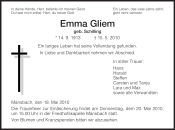 Traueranzeige von Emma Gliem von HERSFELDER ZEITUNG