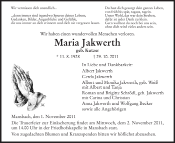 Traueranzeige von Maria Jakwerth von HERSFELDER ZEITUNG
