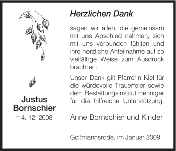 Traueranzeige von Justus Bornschier von HERSFELDER ZEITUNG