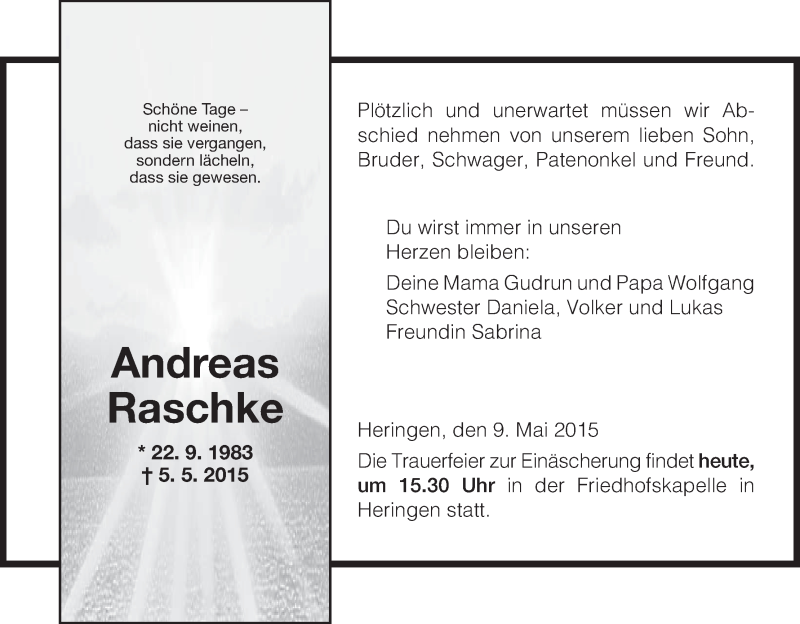  Traueranzeige für Andreas Raschke vom 09.05.2015 aus Hersfeld