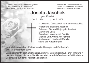 Traueranzeige von Josefa Jaschek von HERSFELDER ZEITUNG