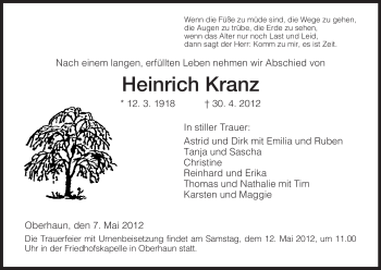 Traueranzeige von Heinrich Kranz von HERSFELDER ZEITUNG