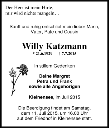 Traueranzeige von Willy Katzmann von Hersfeld