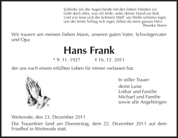 Traueranzeige von Hans Frank von HERSFELDER ZEITUNG