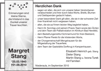 Traueranzeige von Margret Stang von HERSFELDER ZEITUNG